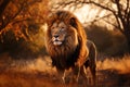 A lion is standing in the savannah at sunset, with tall grass and acacia trees under an orange sky. Royalty Free Stock Photo