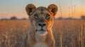 A lion standing in tall grass with a sunset behind it, AI Royalty Free Stock Photo