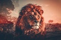 A lion standing on top of a lush green field. Generative AI image.