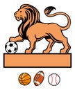 Lion standing with various of sport ball