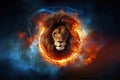 A lion stands proudly as a fiery ring surrounds it, symbolizing the Zodiac sign Leo