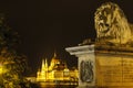 Lion statue of Chain bridge and Hungarian parliament, Budapest. Royalty Free Stock Photo
