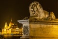 Lion statue of Chain bridge and Hungarian parliament, Budapest. Royalty Free Stock Photo