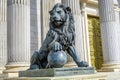 Parliament facade columns and lion in Madrid, Spain. Congreso diputados