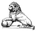 Lion Statue is found in front of the palace of Cortes in Spain, vintage engraving