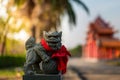 Lion statue in front of chinese temple on blurred background, Chinese New Year concept Royalty Free Stock Photo