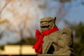 Lion statue in front of chinese temple on blurred background, Chinese New Year concept Royalty Free Stock Photo