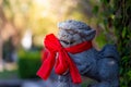 Lion statue in front of chinese temple on blurred background, Chinese New Year concept Royalty Free Stock Photo