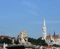 Lion statue and Matthias church Budapest cityscape Royalty Free Stock Photo