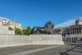 Lion statue and National Gallery, Trafalgar Square, London, UK Royalty Free Stock Photo