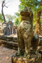 Lion statue in the old antient Ta Prohm Temple in Angkor Wat complex, Cambodia Royalty Free Stock Photo