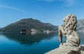 Lion statue in Perast and two islands Royalty Free Stock Photo