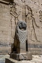 A lion statue sitting at the entrance of the first Pylon at the Temple of Isis on the island of Philae in Egypt. Royalty Free Stock Photo