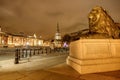 Lion Statue at Trafalgar Square at night in London, UK Royalty Free Stock Photo