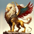 Lion statue with wings on a wooden pedestal. 3d rendering generative AI Royalty Free Stock Photo