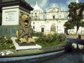 Lion statues Parque Central with Cathedral Leon in background Ni