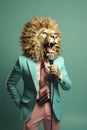 lion in suit using a microphone, generative AI