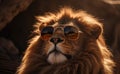 Lion in sunglasses against the background of rocks. AI generative