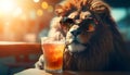 Lion in sunglasses with a drink sitting at the bar