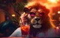 Lion in sunglasses with a drink sitting at the bar