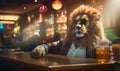 Lion in sunglasses with a drink sitting at the bar