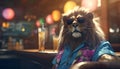 Lion in sunglasses with a drink sitting at the bar