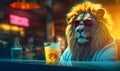 Lion in sunglasses with a drink sitting at the bar