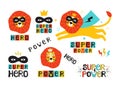 Lion super hero in a black mask and cape. Leo face in a crown. Hand drawn vector illustration with the lettering phrase super