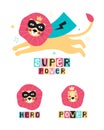 Lion super hero in a black mask and cape. Leo face in a crown. Hand drawn vector illustration with lettering phrase super power,