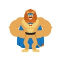 Lion superhero. Super Wild animal in mask and raincoat. Strong Beast