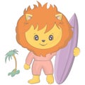 Lion surfer. Vector illustration of a cute athlete animal. Cute little illustration of lion for kids, baby book, fairy