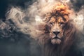 Lion surround with swirl smoke. dynamic composition and dramatic lighting
