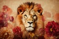 a lion surrounded by flowers and flowers on a floral wallpapered background with red and yellow flowers and a brown lion