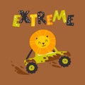 Lion in an SUV in the mud with lettering. Extreme. Cute cartoon character in simple hand drawn childish style. Vector