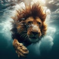 a lion swimming underwater in pool