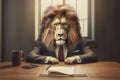 An anthropomorphic lion in his office, How to be a leader in difficult times, Generative AI