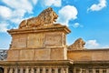 Lion on the Szechenyi Chain Bridge at morning time. Budapest, Hungary Royalty Free Stock Photo