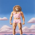 Lion in a t-shirt and shorts on the background. Athlete lion.