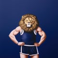 Lion in a t-shirt and shorts on the background. Athlete lion.