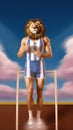 Lion in a t-shirt and shorts on the background. Athlete lion.