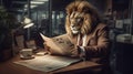 The King\'s Briefing: Lion in Suit at Tiny Desk Royalty Free Stock Photo