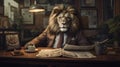 The King\'s Briefing: Lion in Suit at Tiny Desk Royalty Free Stock Photo