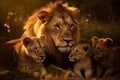 Lion and three lion cubs hanging out on the dry grass at savanna grassland in the evening, father and sons.