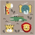 Lion,tiger, crocodile, elephant, giraffe funny animal cartoon, vector illustration