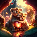 Lion Cubs hugging heart Lion and tiger cub in love. Valentine\'s day concept. AI generated animal ai Royalty Free Stock Photo