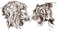 Lion and Tiger growling opposite each other, open an embittered mouth, canines, hand drawn doodle Royalty Free Stock Photo