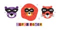 Lion, tiger and panther in superhero masks. Funny cartoon animal characters. Super power short phrase. Set of wild cat