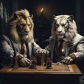 Lion and tiger in suit playing chess ultrarealistic, very detailed