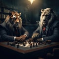 Lion and tiger in suit playing chess ultrarealistic, very detailed Royalty Free Stock Photo