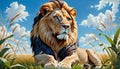 Lion tiger wildlife cat resting tall grass savanna blue sky Royalty Free Stock Photo